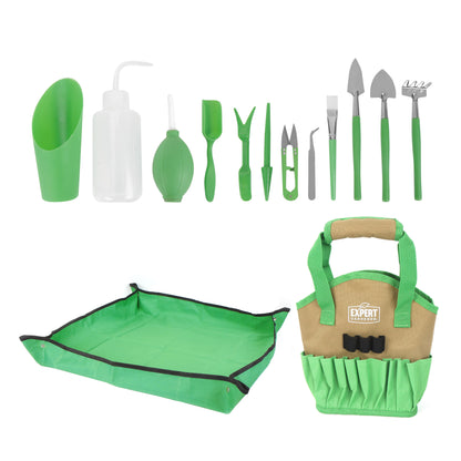 Indoor Gardening Stainless Steel Tool Set, 14 Pieces, Green