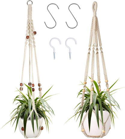 2 Packs Macrame Plant Hangers, Indoor Hanging Planter Basket with Wood Beads Decorative Macrame Pot Hanger for Home Decor with 4 Hooks