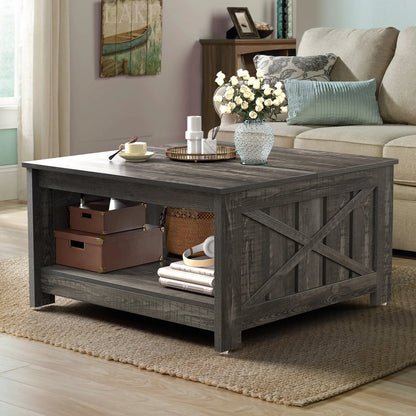 Square Coffee Table, Farmhouse Coffee Table with Half Open Storage Compartment, Brown&White