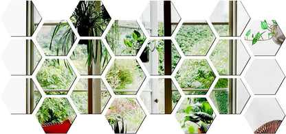 3.4''X4''X2'' Hexagon Mirror Wall Sticker, 24 Pieces Acrylic Mirror Self Adhesive Mirror Tiles, Aesthetic Wall Decor for Bedroom Living Room(Silver)